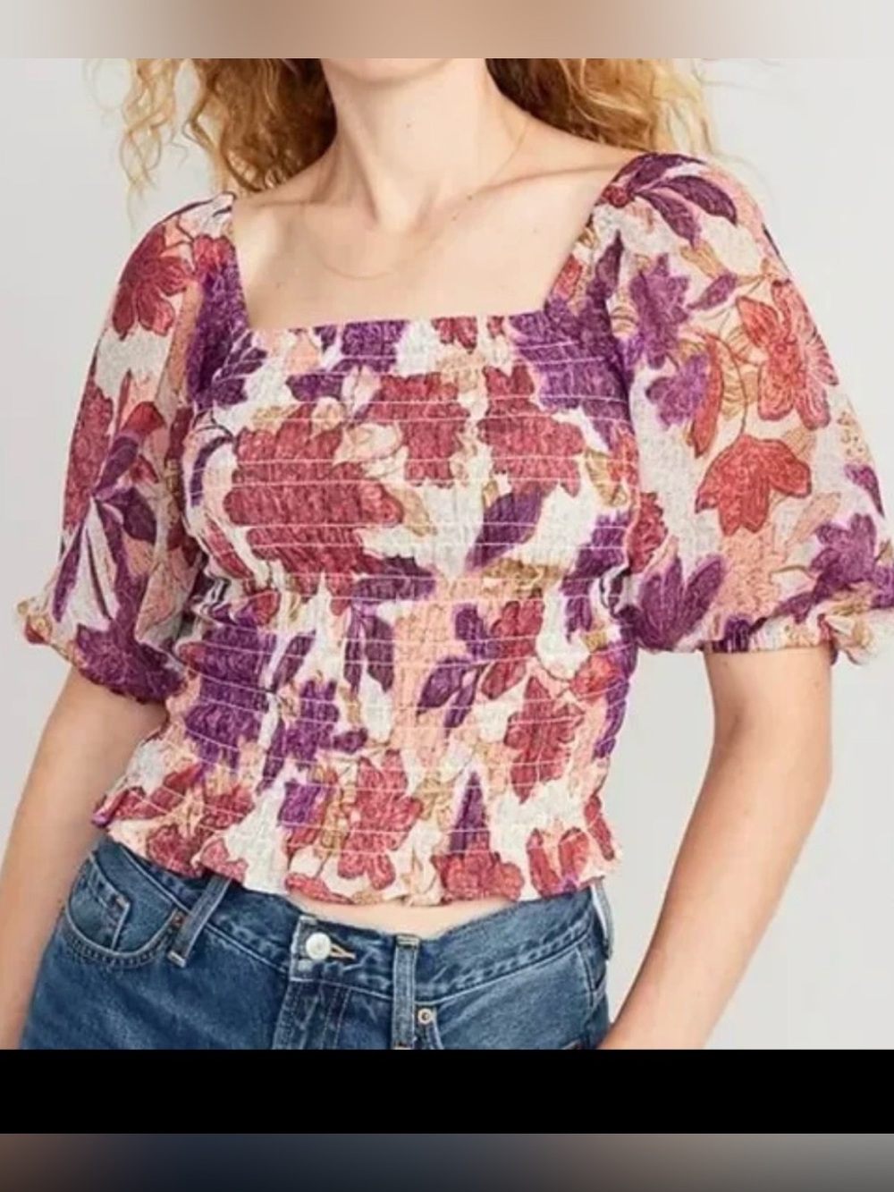 Old Navy Floral Smocked Square-Neck Crop Top - Purple, Pink, Cream